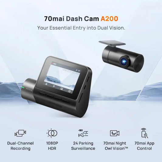 Dual-view dash cam A200 with front screen display and separate rear camera