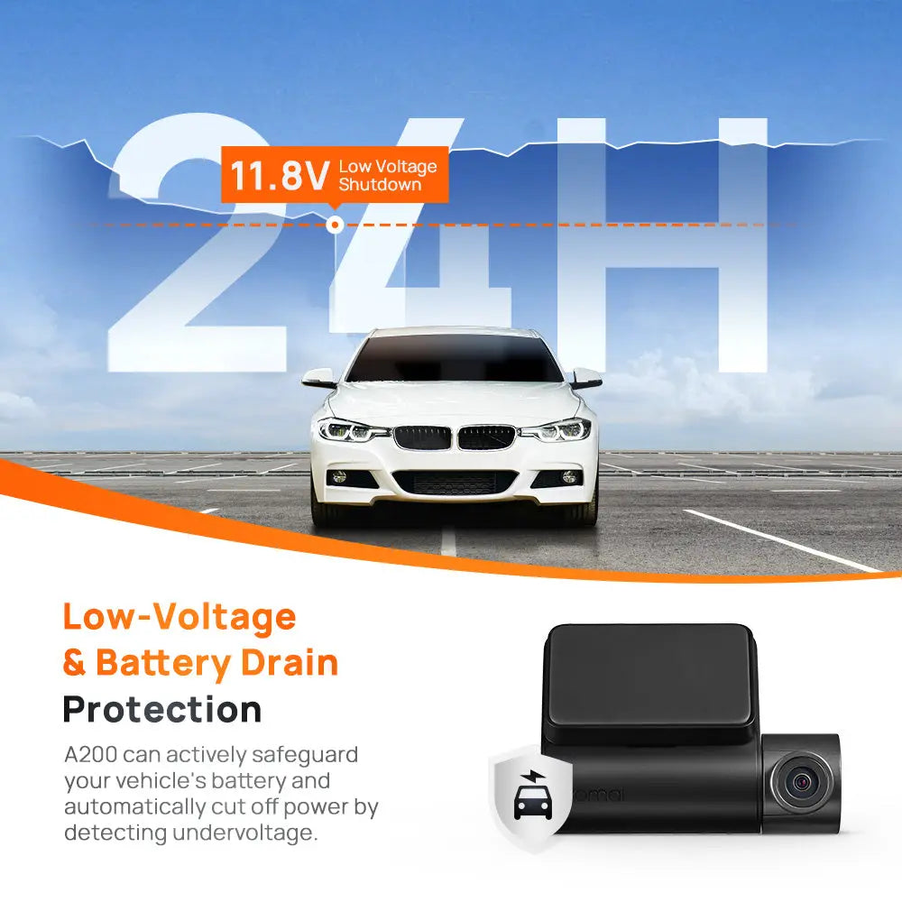 A200 dash cam front unit with lens and protective power cutoff feature graphic