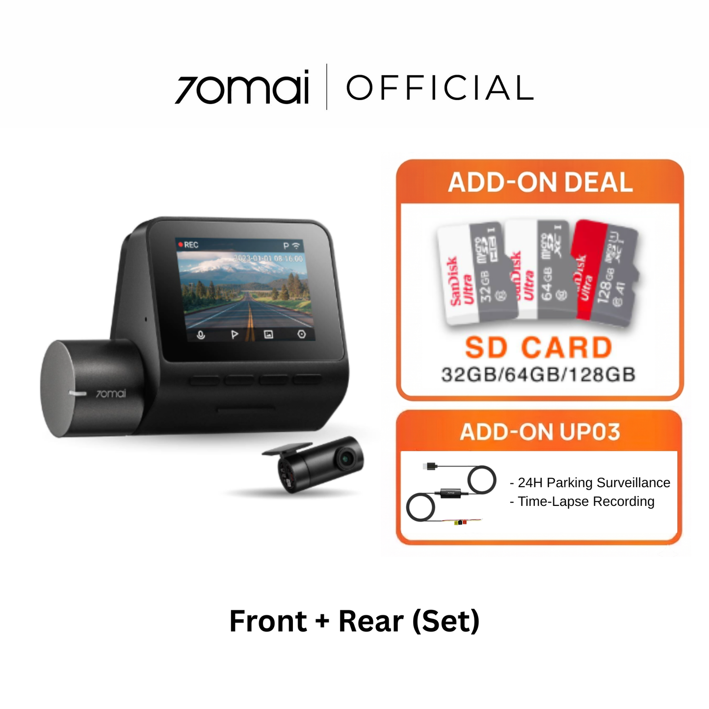 Front and rear dashcam kit with screen and two camera units