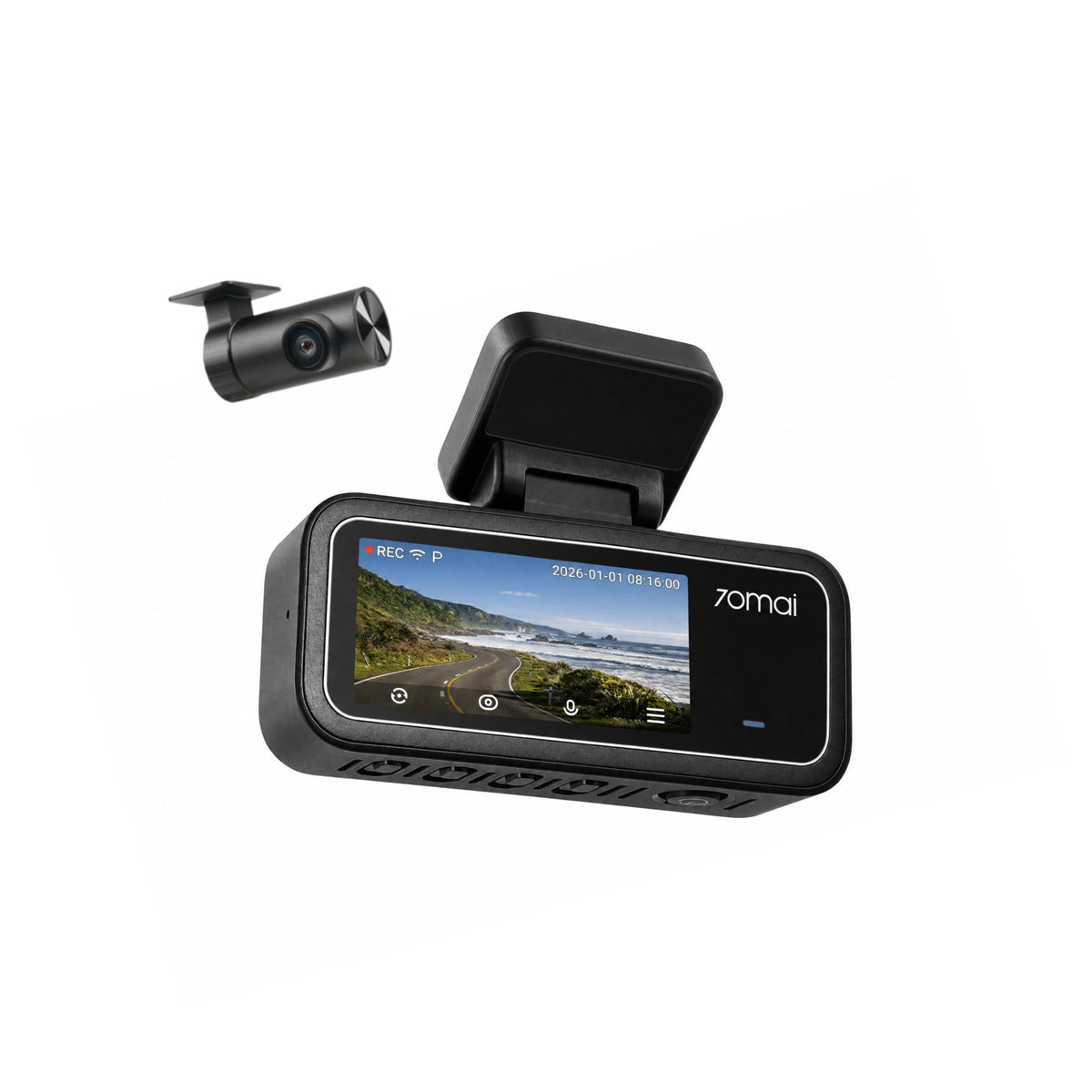 Dual-lens dash cam with front screen and detachable rear camera, black
