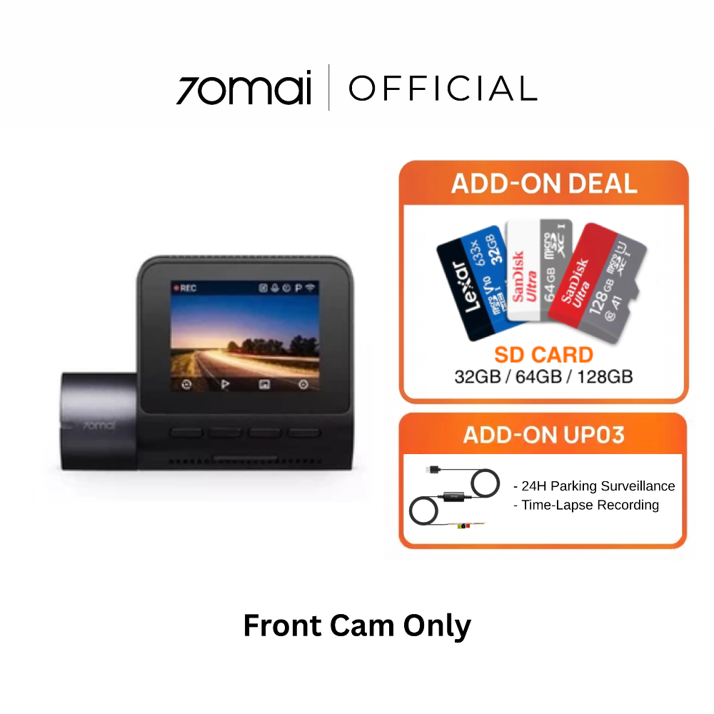 Black front dashcam with built-in screen and slim front camera module