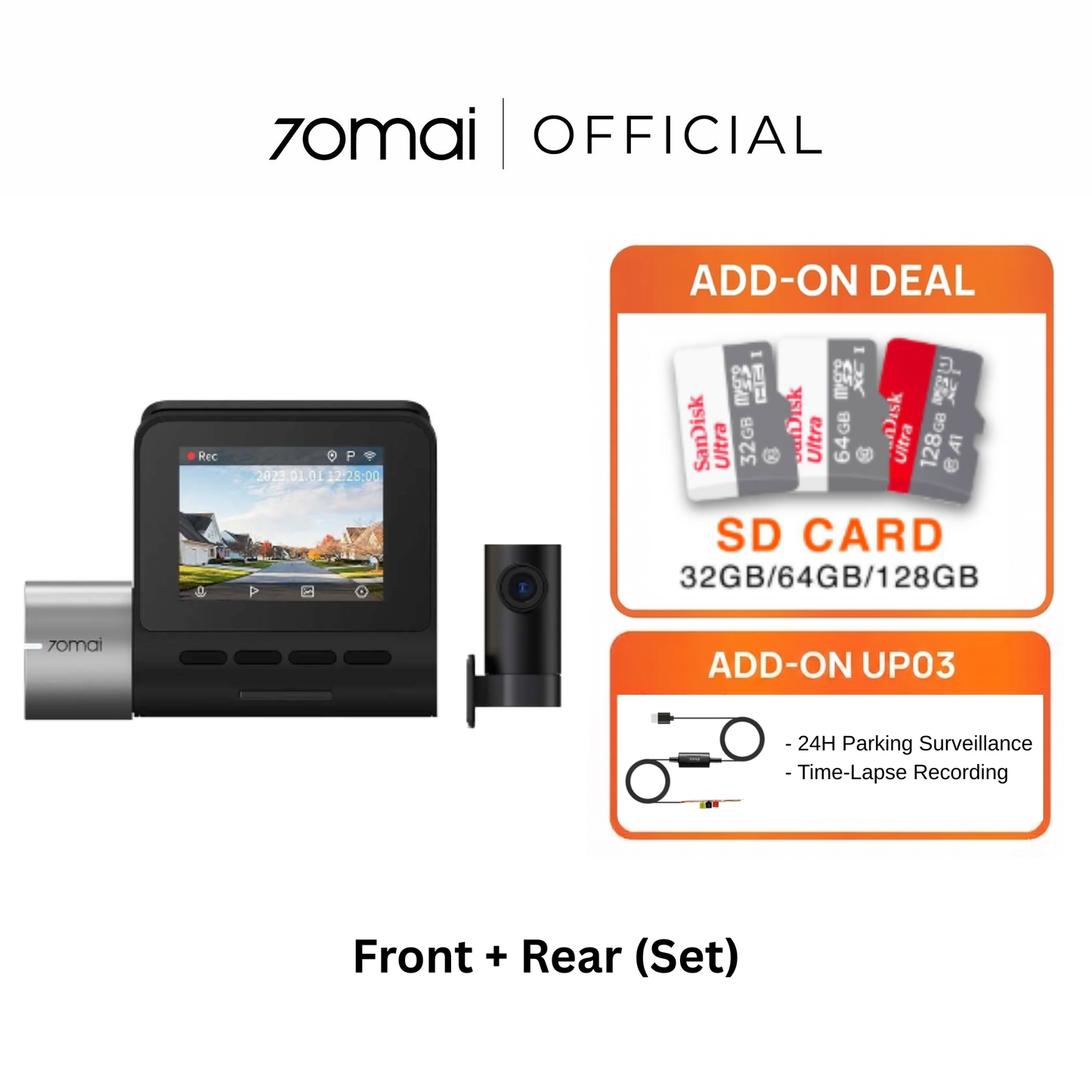 Front and rear dash cam set with display and two camera modules