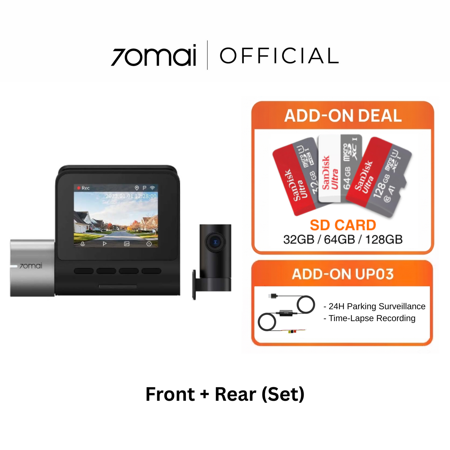7omai front and rear dashcam set with front screen unit and rear camera module
