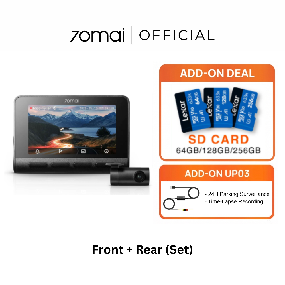 4K dashcam kit with front screen unit and separate rear camera, black