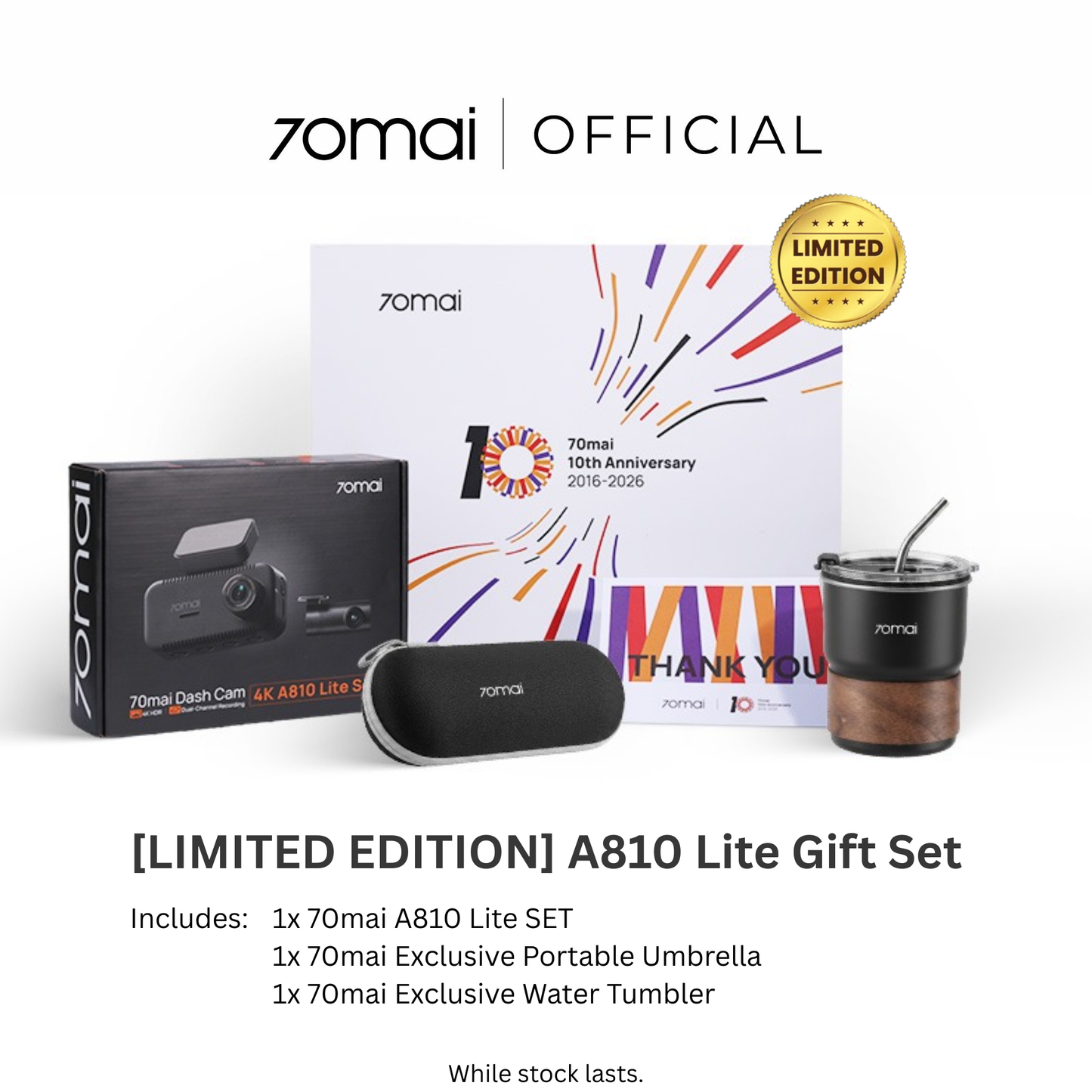 Limited edition dash cam gift set with camera, umbrella, and tumbler