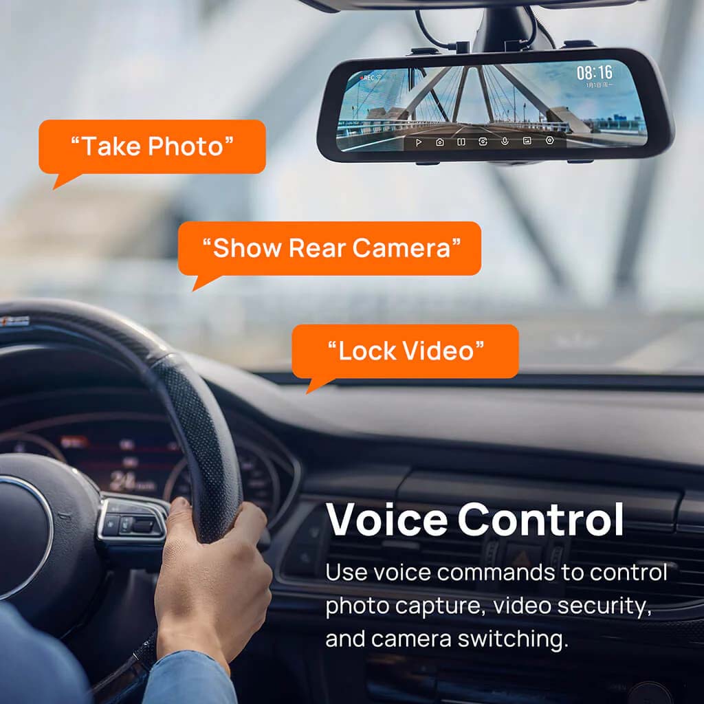 S500 rearview dashcam voice control with on-screen commands and display