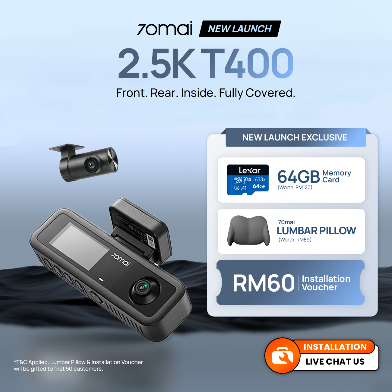2.5K T400 dash cam package with front and rear cameras and memory card