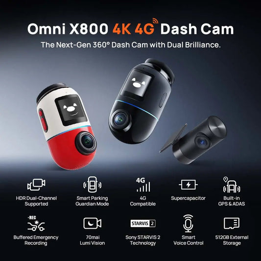Omni X800 dash cam set with front and rear cameras, red and black bodies