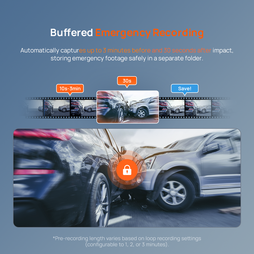 Dashcam buffering emergency recording view with vehicle motion blur