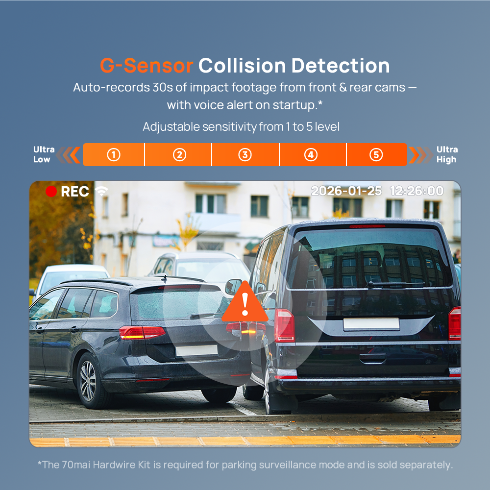Dashcam collision detection camera view, showing vehicles near a parking lot