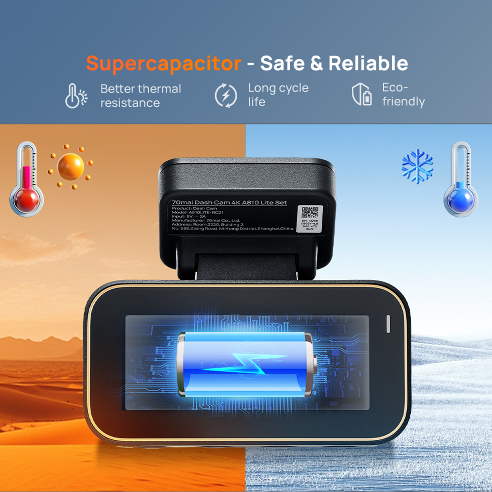 Dashcam with supercapacitor power module, showing front display screen