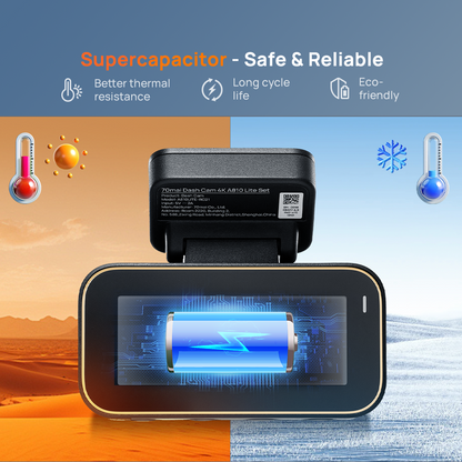 Dashcam with supercapacitor power module, showing front display screen
