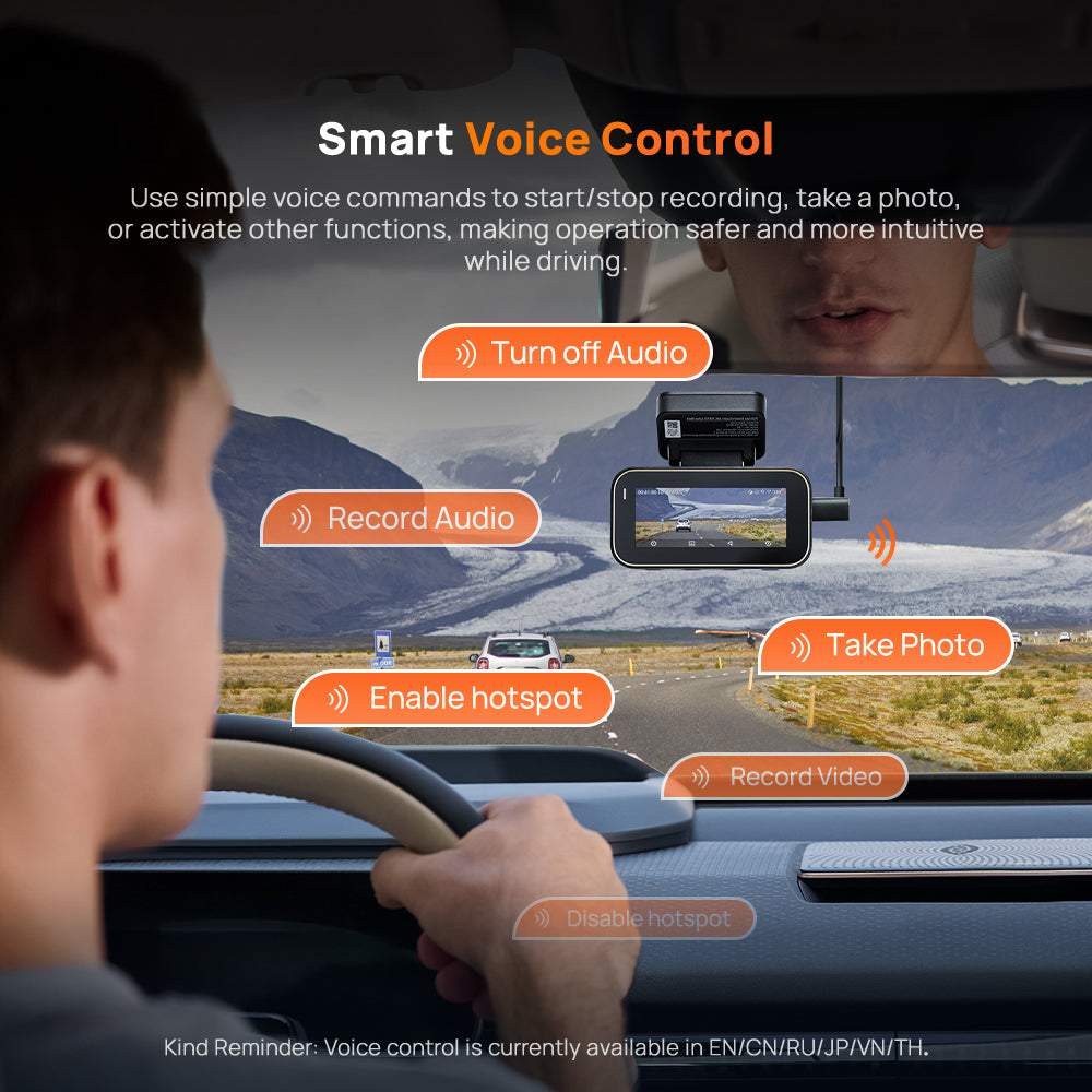Dashcam with screen and voice control icons on car dashboard