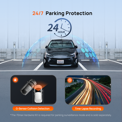 Dashcam front unit on dashboard with parking protection recording icons