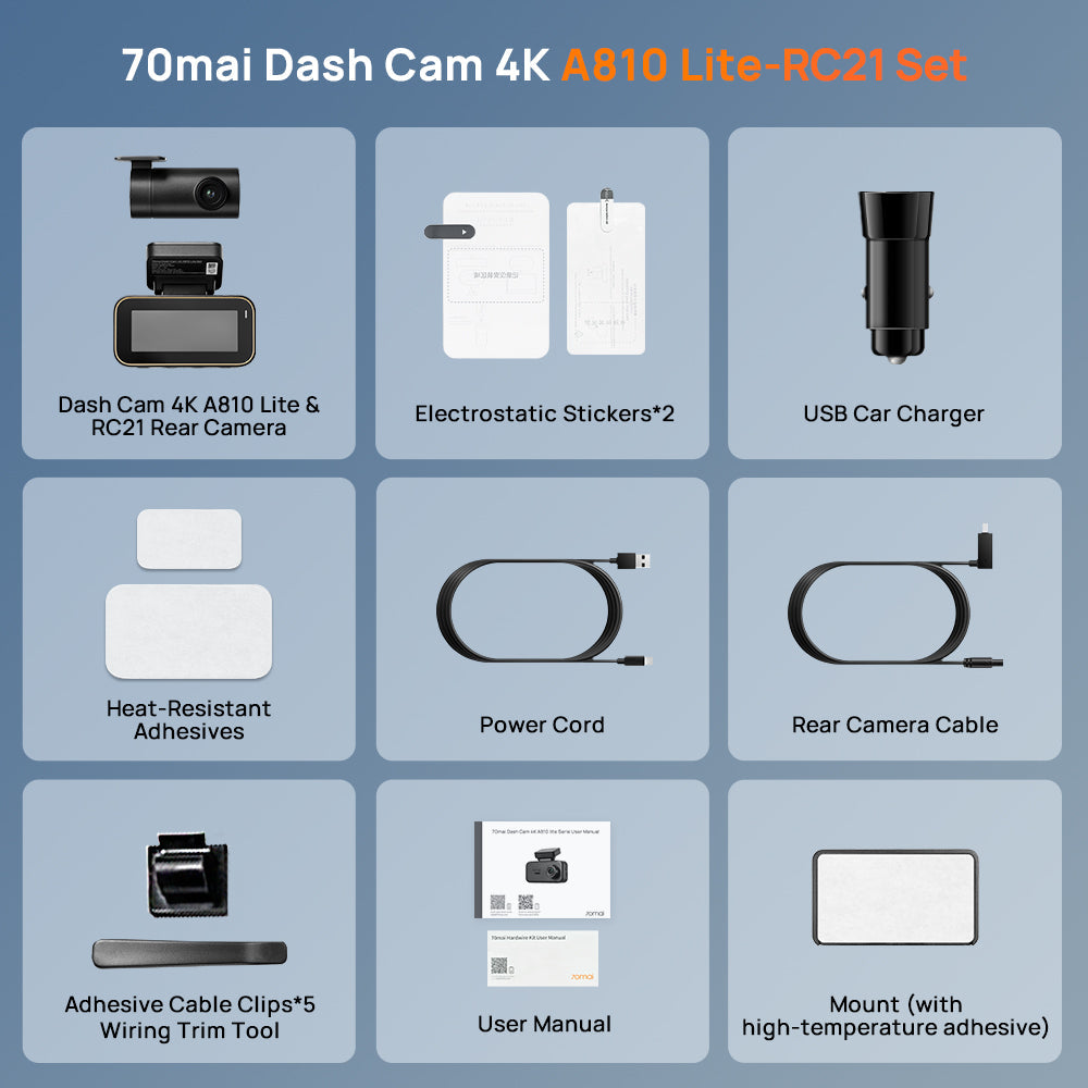 Dash cam accessory set items: camera, charger, cables, stickers, mounts