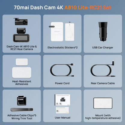 Dash cam accessory set items: camera, charger, cables, stickers, mounts