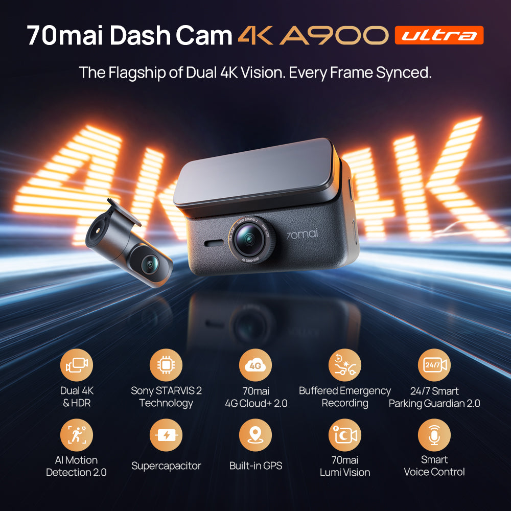Black dual 4K dashcam device with front and rear cameras and feature icons