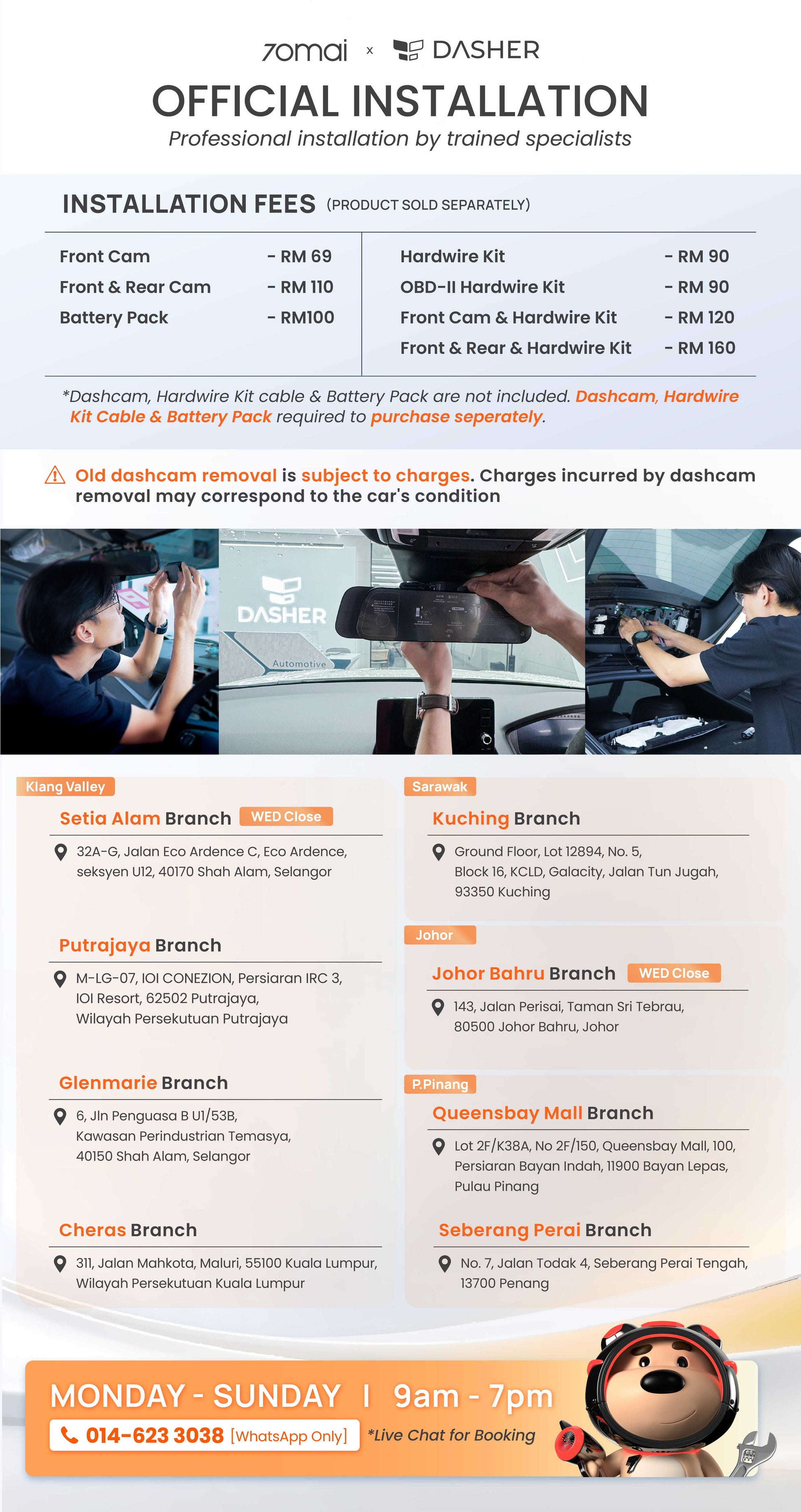 Dash cam official installation booking flyer with fees and branch locations
