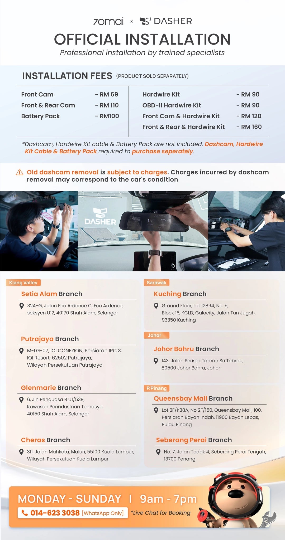 Dash cam installation service flyer with branch locations and service fees