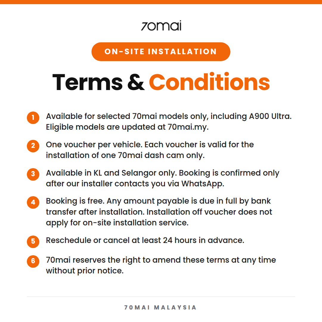 On-site installation terms and conditions for A900 Ultra dashcam