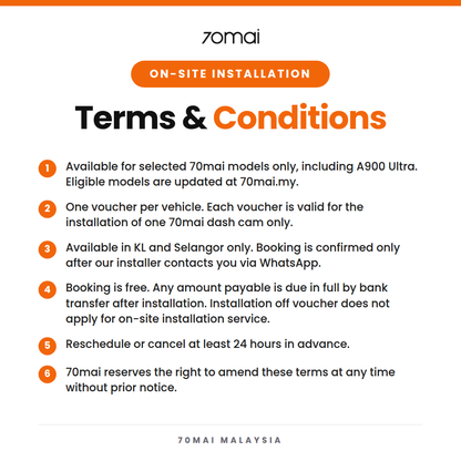 On-site installation terms and conditions for A900 Ultra dashcam