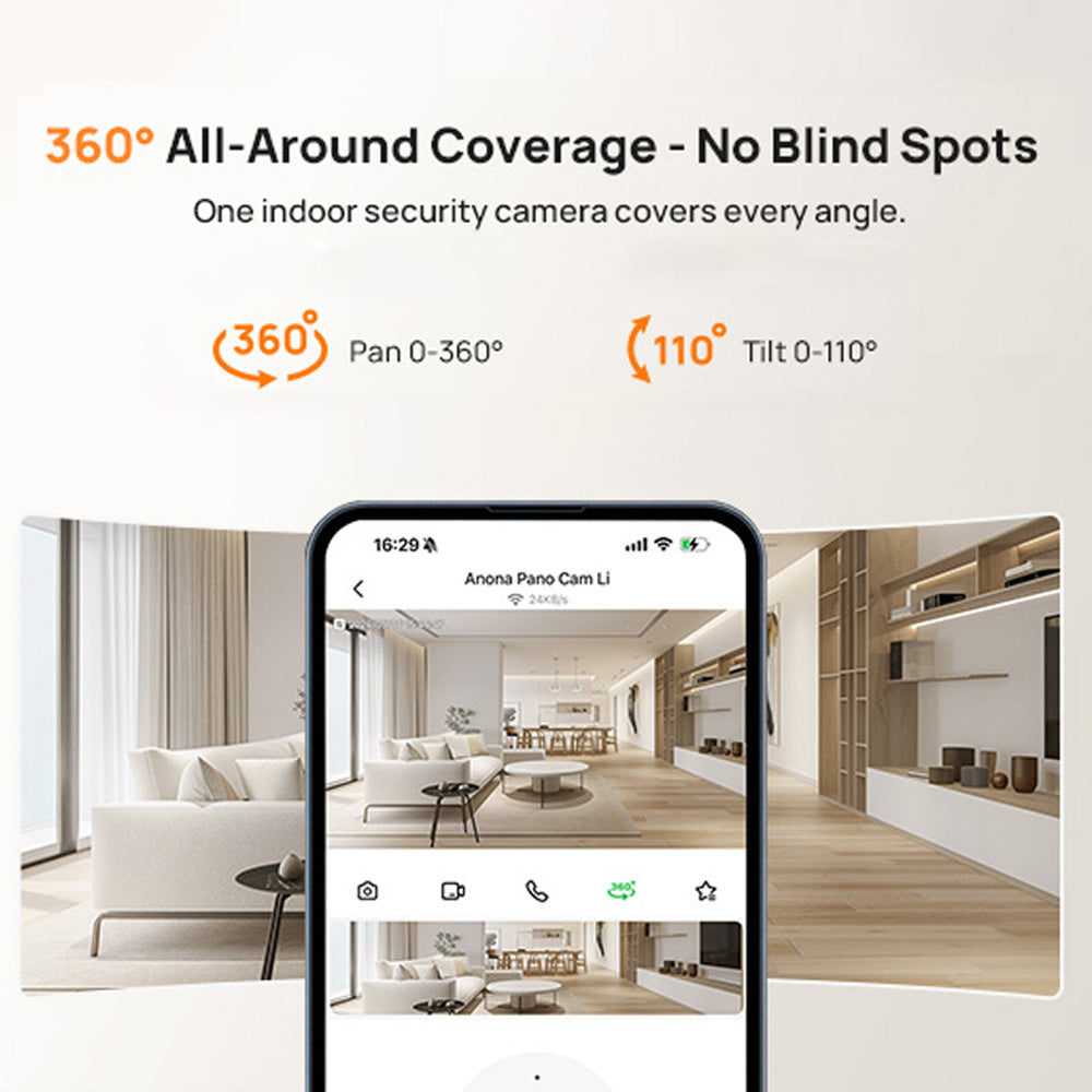 Indoor CCTV camera 360° coverage feature graphic with live view app and dome camera