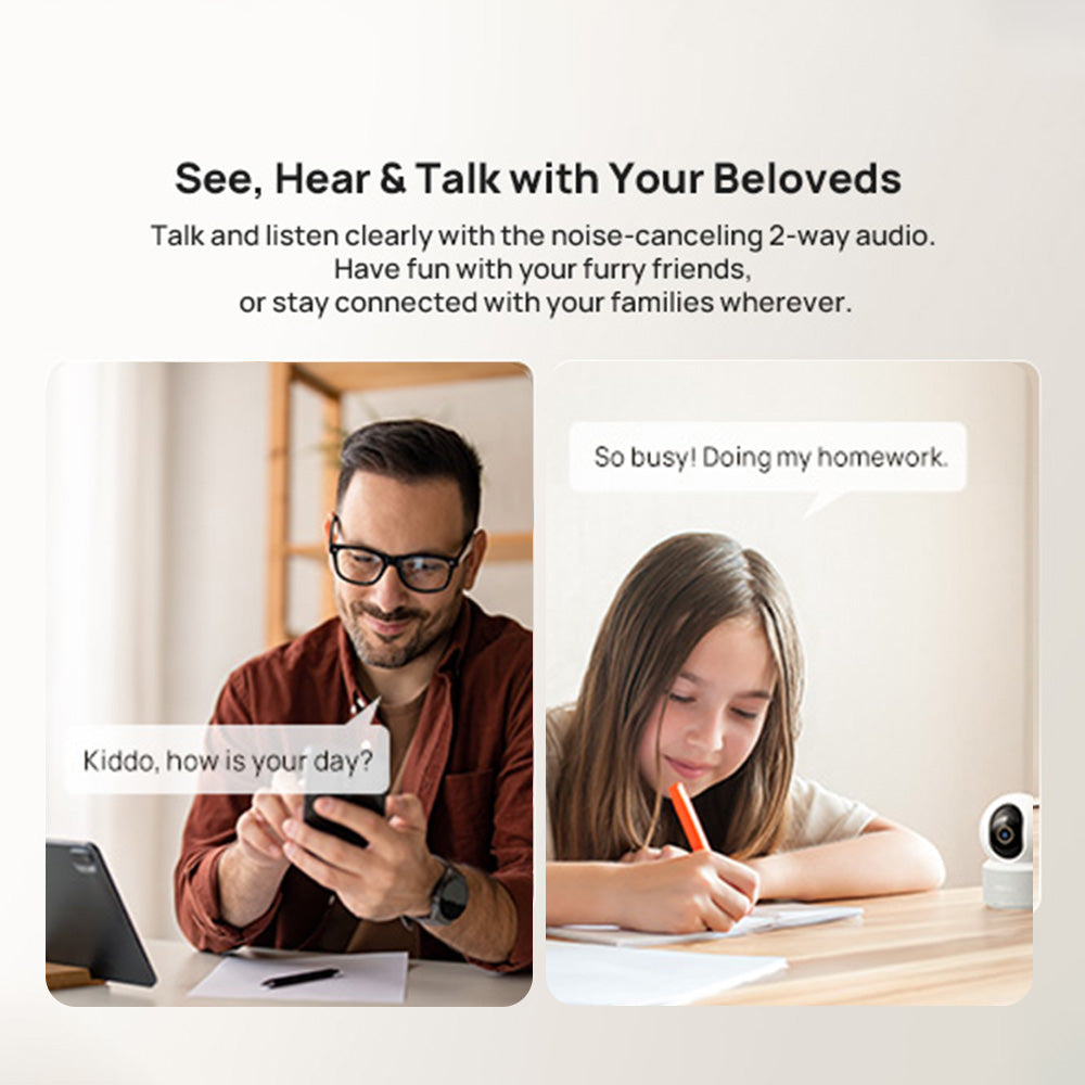 Indoor CCTV camera feature graphic for two-way audio with app chat bubbles and camera