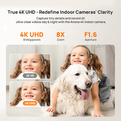 Indoor CCTV camera feature panel with 4K UHD callouts and camera lens close-up