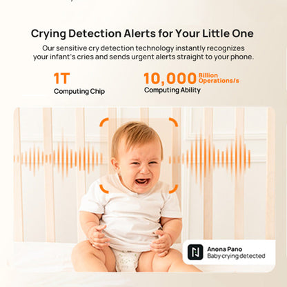 Indoor CCTV camera alert feature graphic with baby crying detection callout