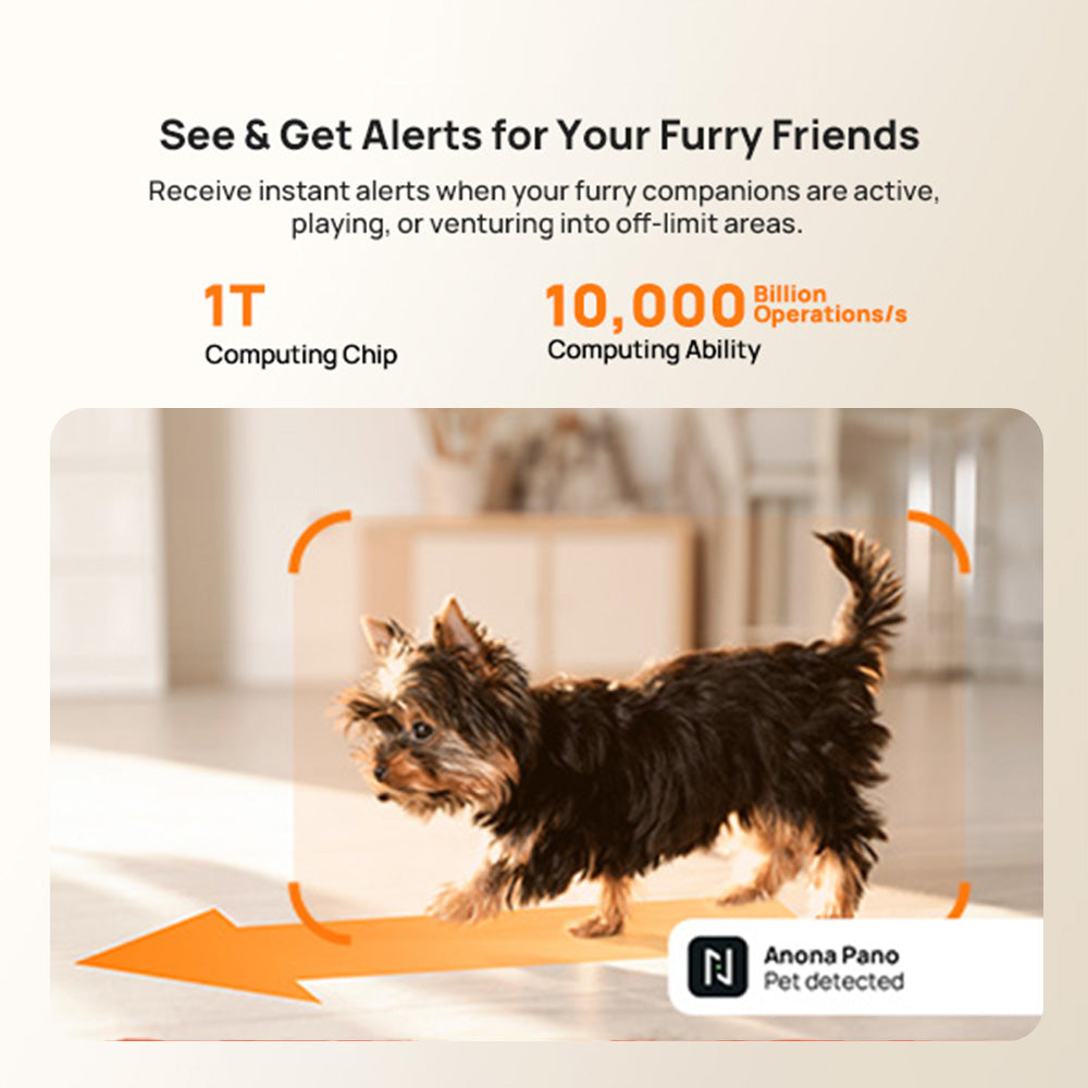 Indoor CCTV camera alert feature graphic with pet detection callout and camera icon