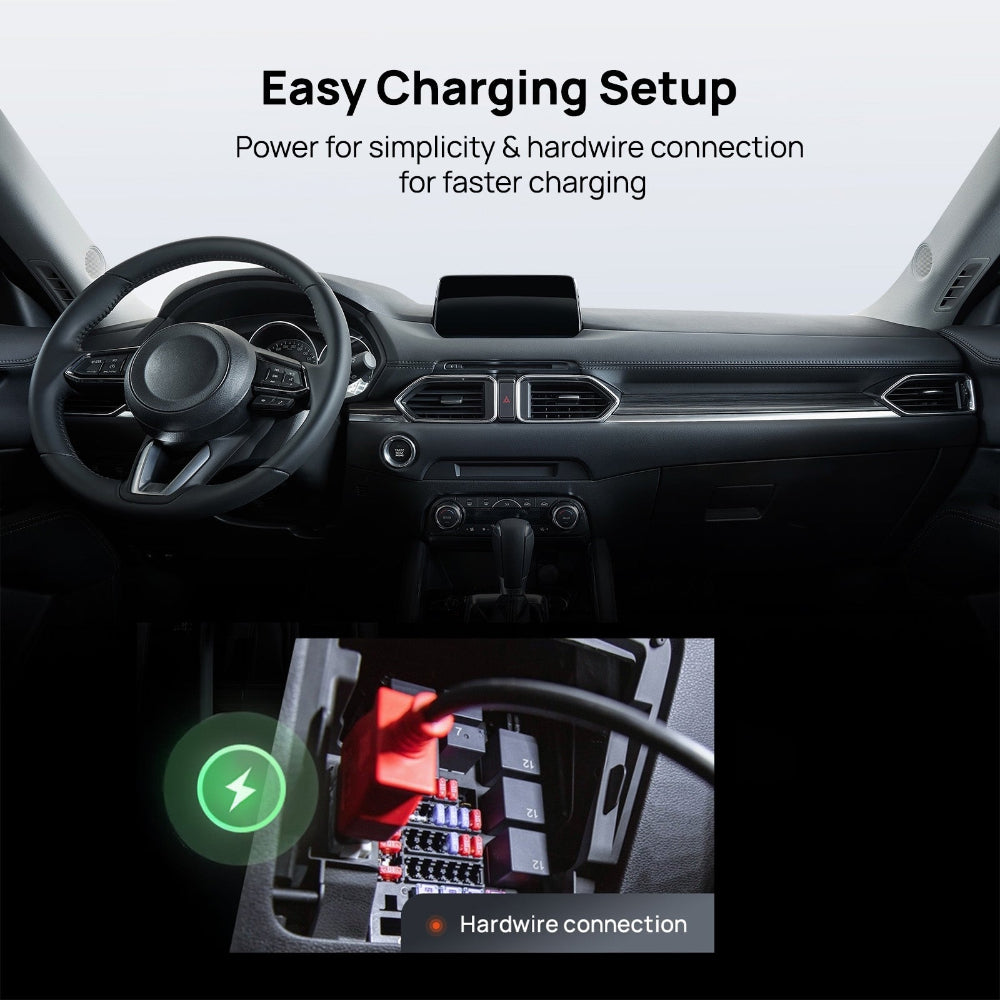 Vehicle dashcam hardware connection showing battery-pack charging