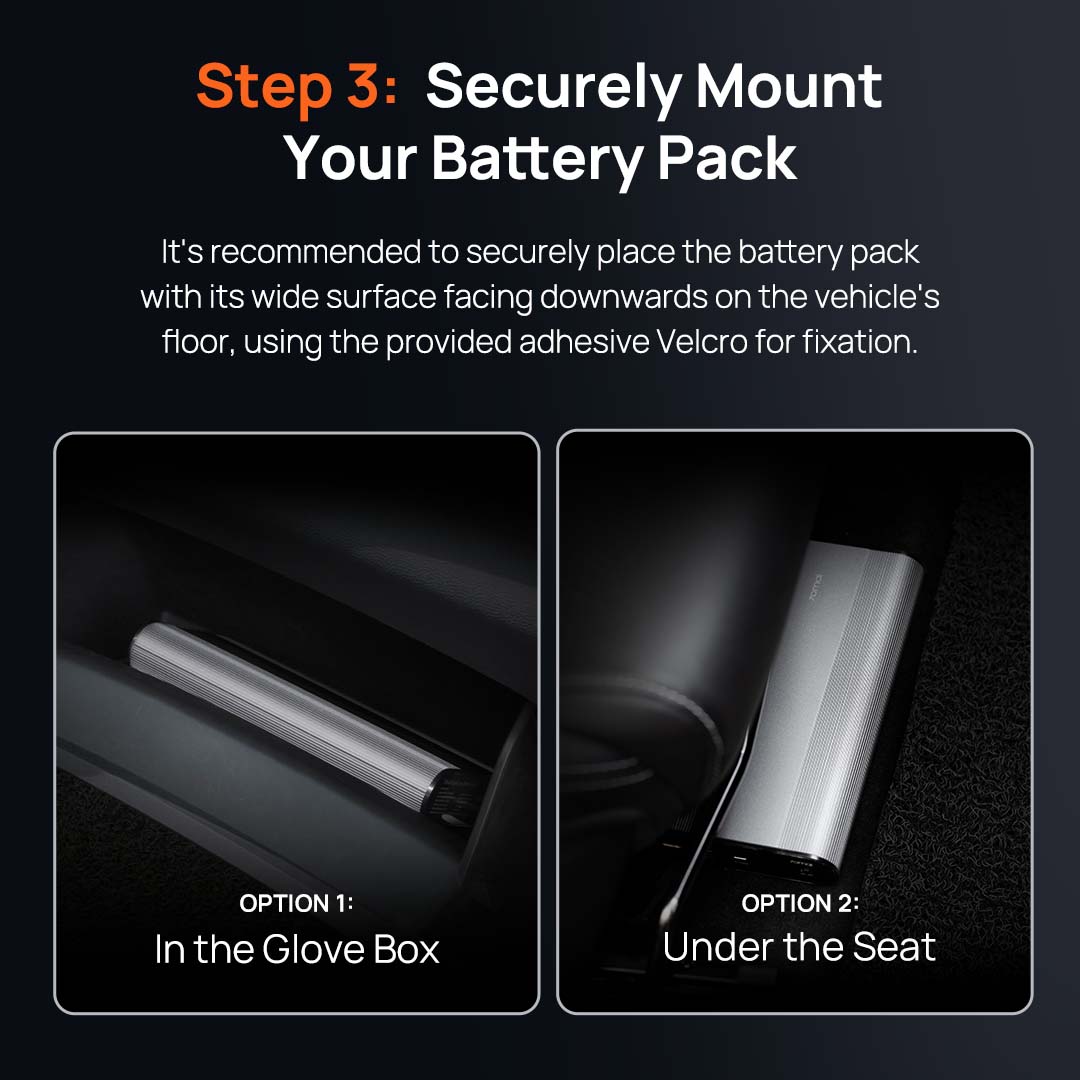 External battery pack mounting guide showing adhesive velcro for glove box or under seat