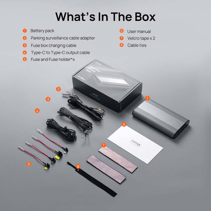 External battery pack kit with box, cables, fuse box charging parts, and cable ties