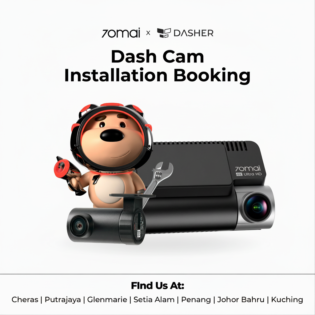 Dash cam installation booking poster with cartoon mascot and dual dash cameras