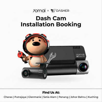 Dash cam installation booking poster with cartoon mascot and dual dash cameras