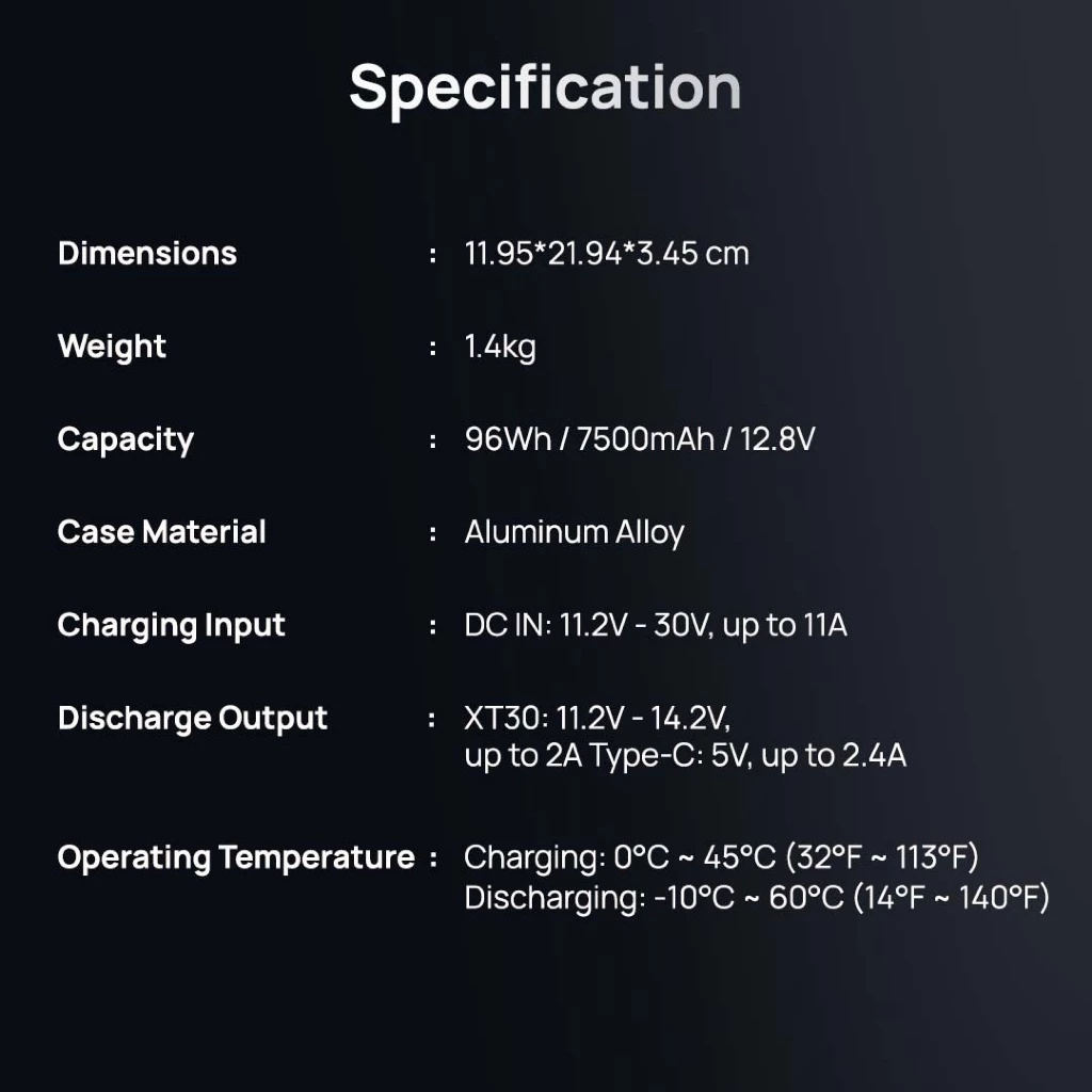 Battery pack specs: 11.95×21.94×3.45 cm size and 1.4 kg weight