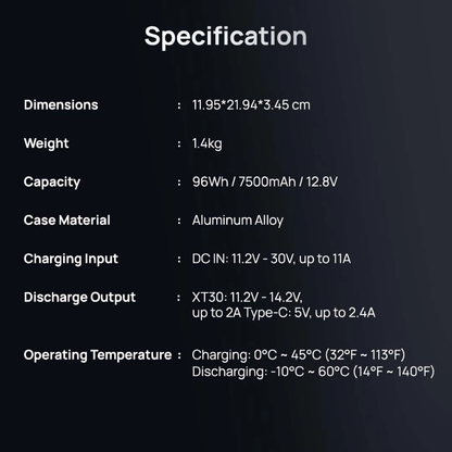 Battery pack specs: 11.95×21.94×3.45 cm size and 1.4 kg weight