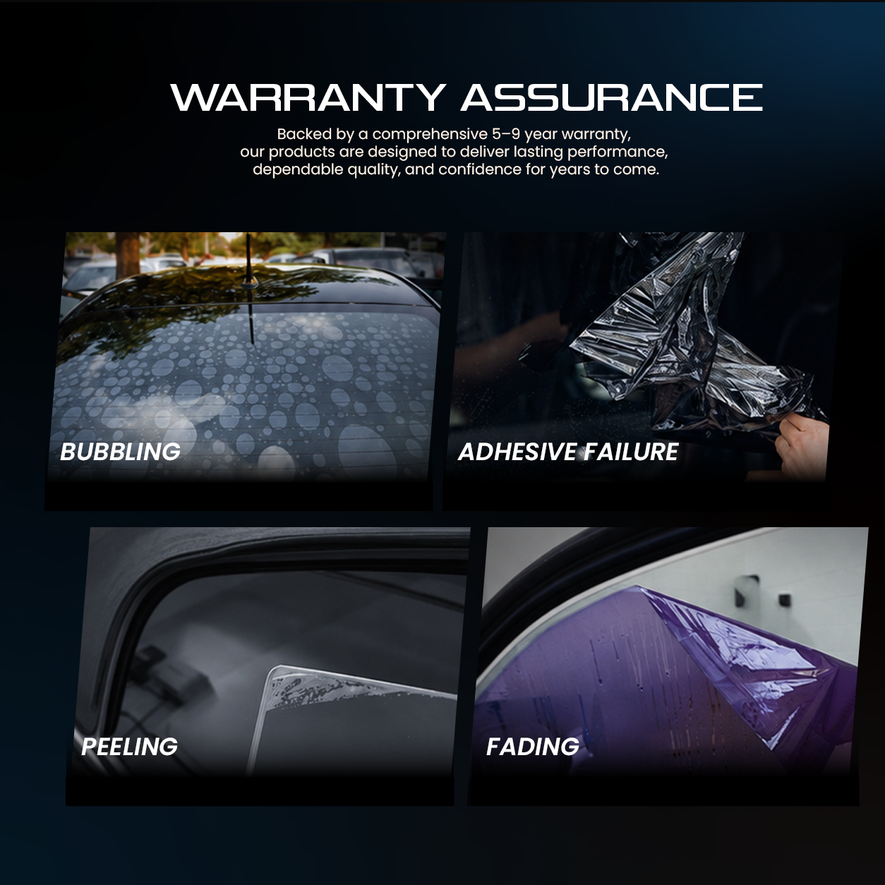 Window tint warranty assurance with bubbling, peeling, and fading resistance panels