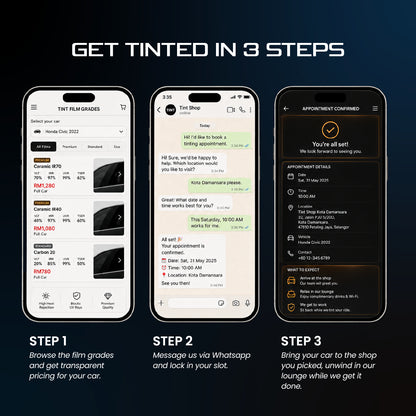 Window tint film ordering steps shown on three smartphones: browse, chat, confirm