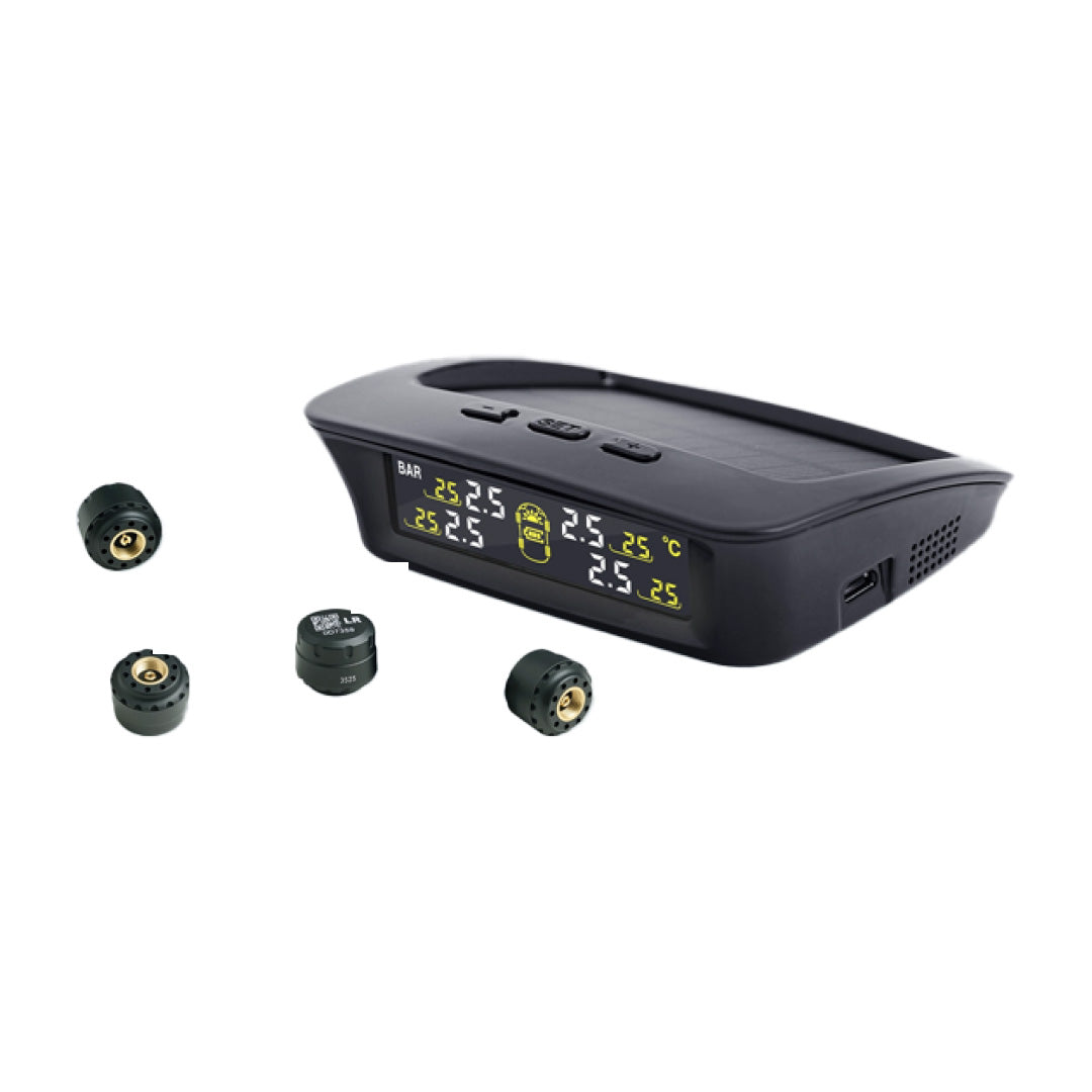 TPMS LCD monitor unit with digital pressure and temperature display, black enclosure.
