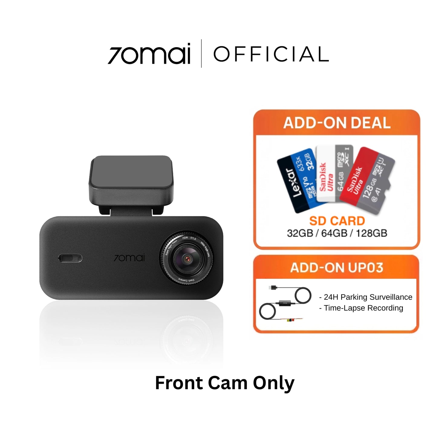 7omai full HD front dashcam with compact camera module, dark gray