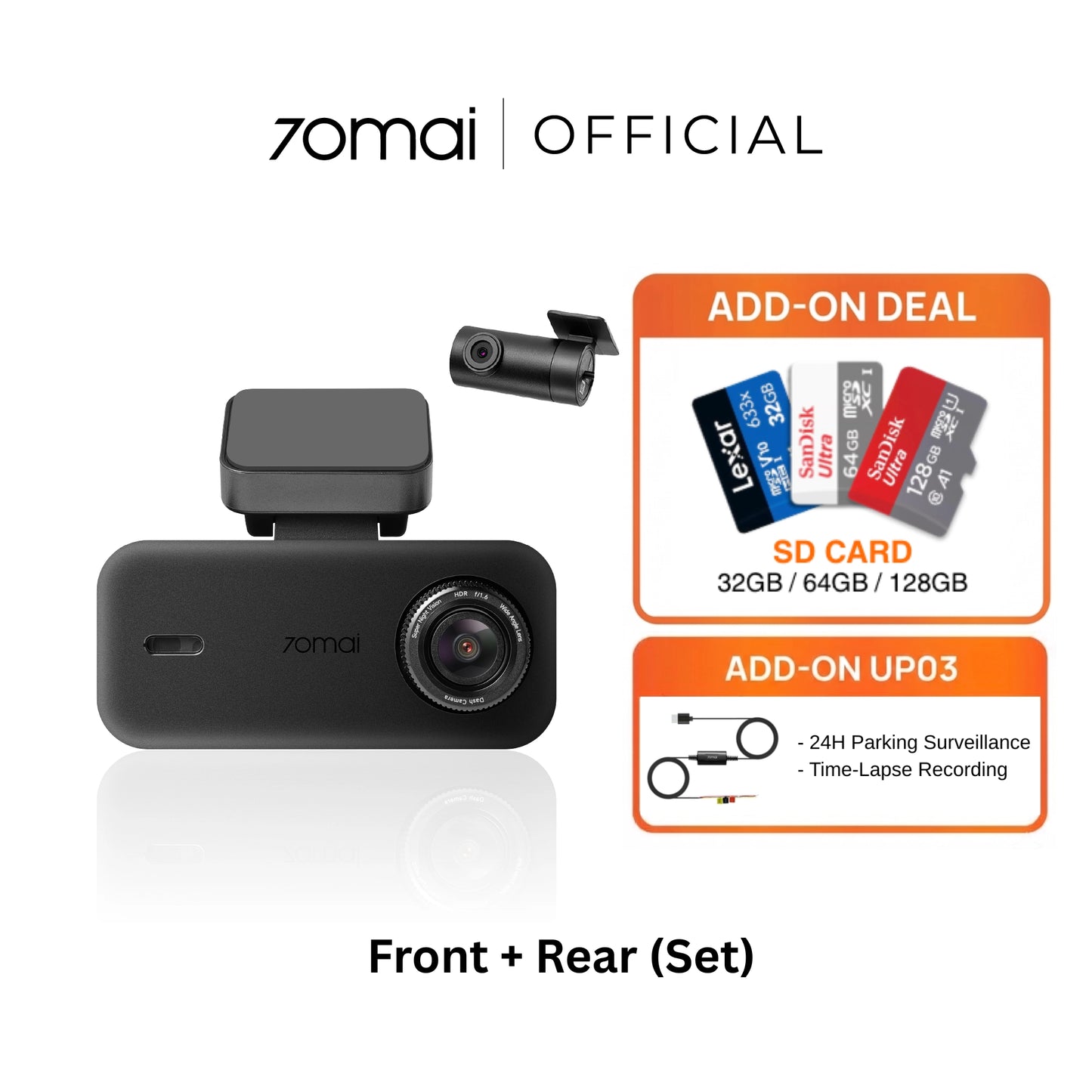 7omai full HD dashcam front and rear set, with front unit and small rear camera, dark gray