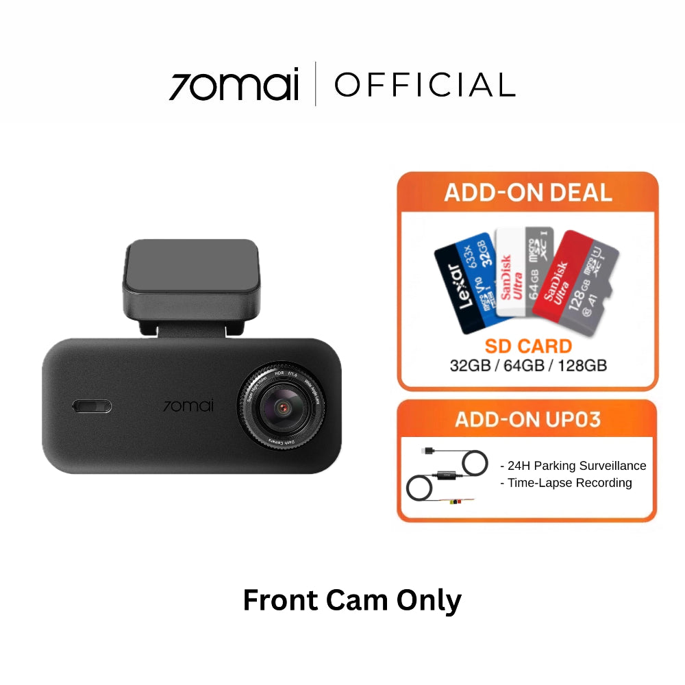 Front dashcam with front camera module, dark body and visible lens