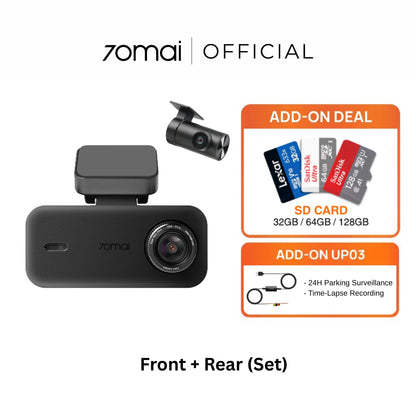Front and rear dashcam set with main unit and two camera modules