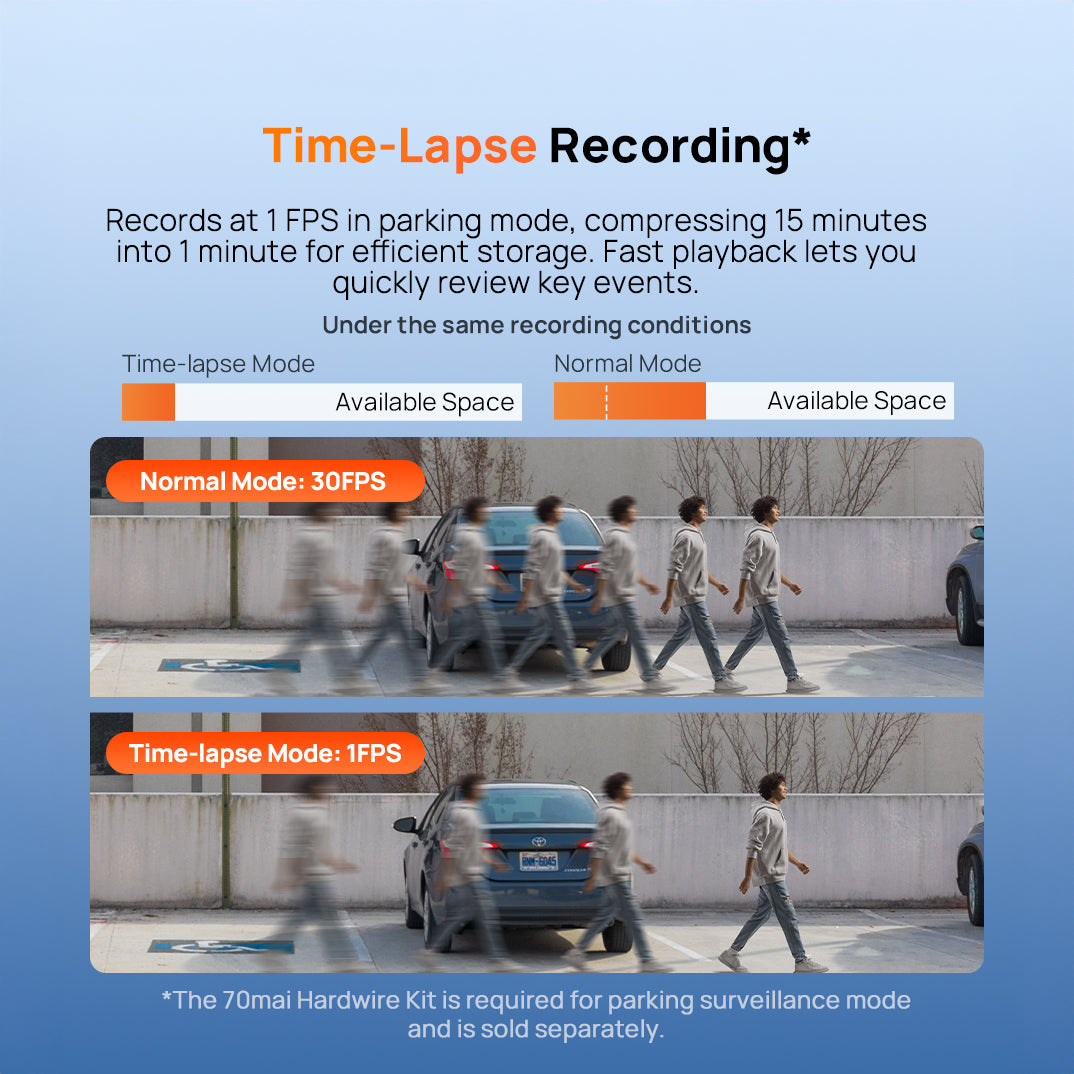 Dashcam screen showing time-lapse vs normal parking recording modes