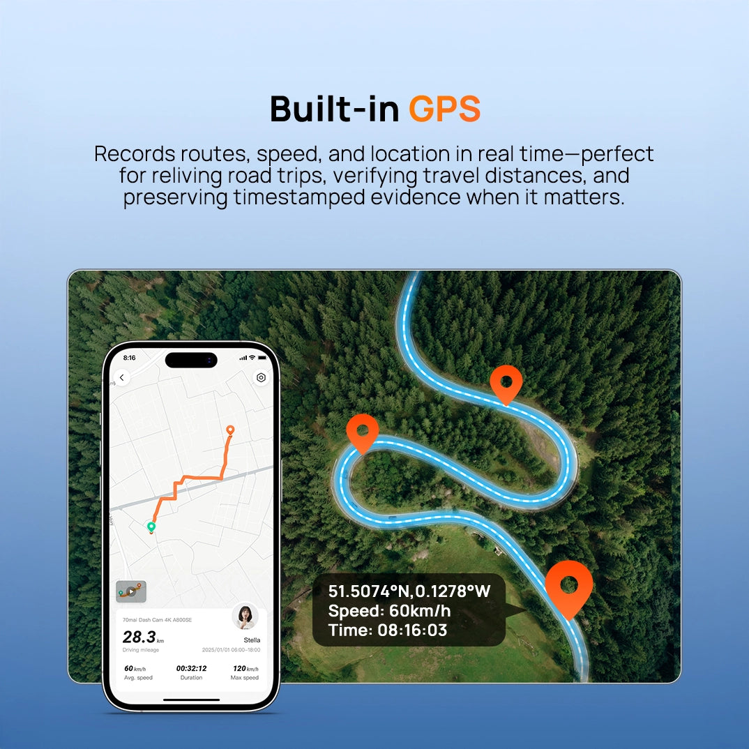 Dash cam GPS feature with phone map and satellite route path overlay