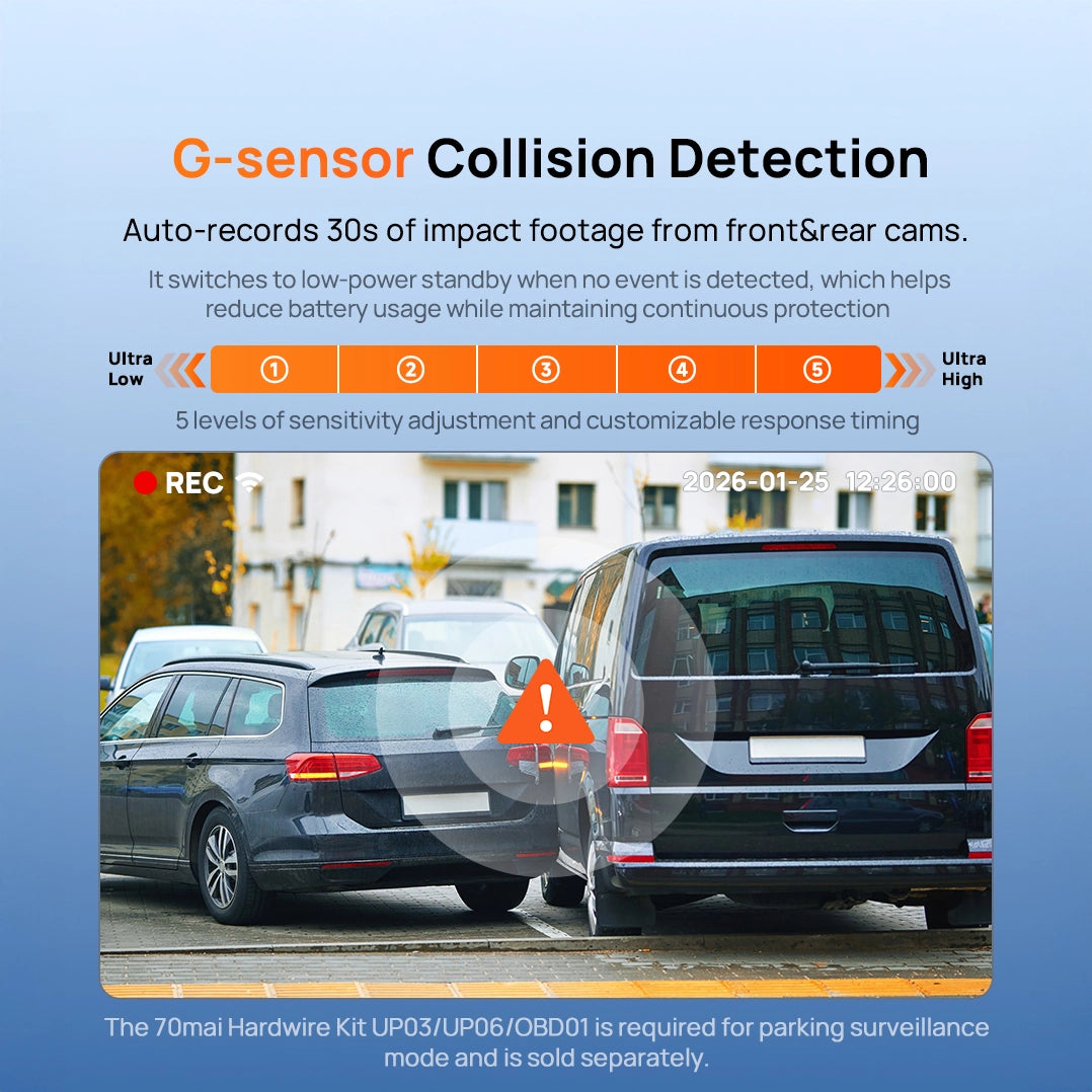 Dash cam G-sensor collision detection with front and rear impact recording alert