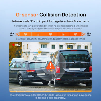 Dash cam G-sensor collision detection with front and rear impact recording alert