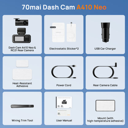 Dash cam accessory kit: dash cam device, cables, charger, adhesive, and manual