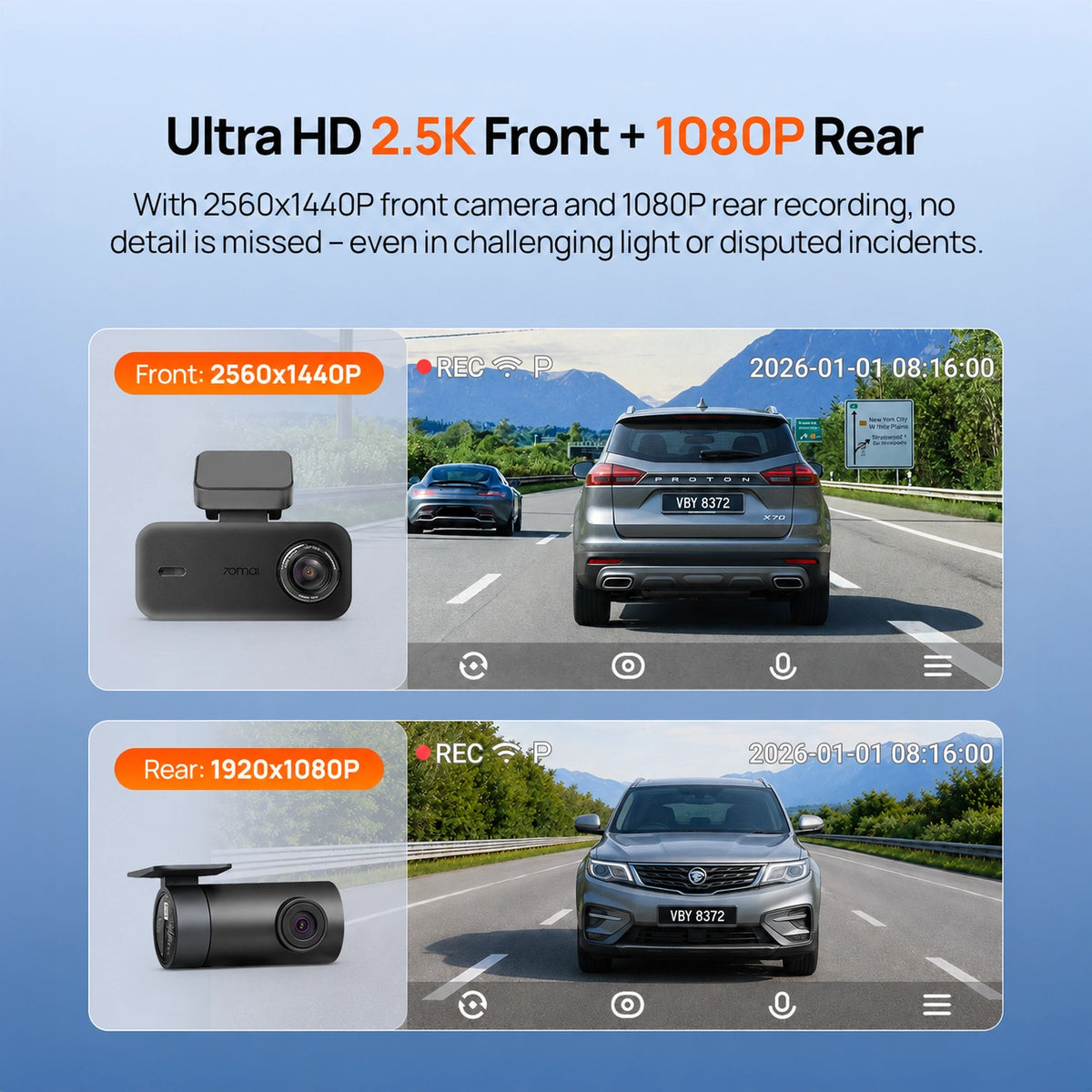 Dash cam front and rear recording display, 2.5K front and 1080P rear